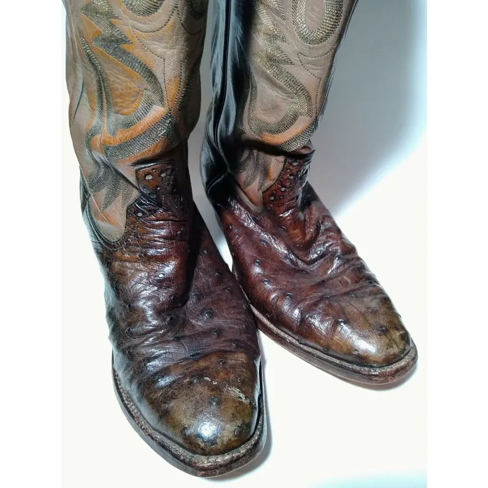 Luskey’s Brown Two Tone Ostrich Skin Cowboy Western Boots Men's Est. Size 8 M
